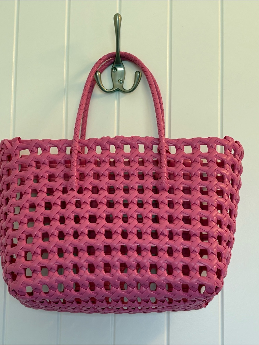 Bright Pink Woven Tote Bag with Braided Handles
